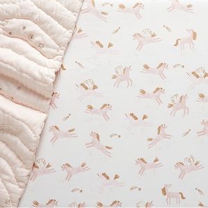 Pottery Barn Kids Mila Metallic Unicorn Crib sheet + quilt